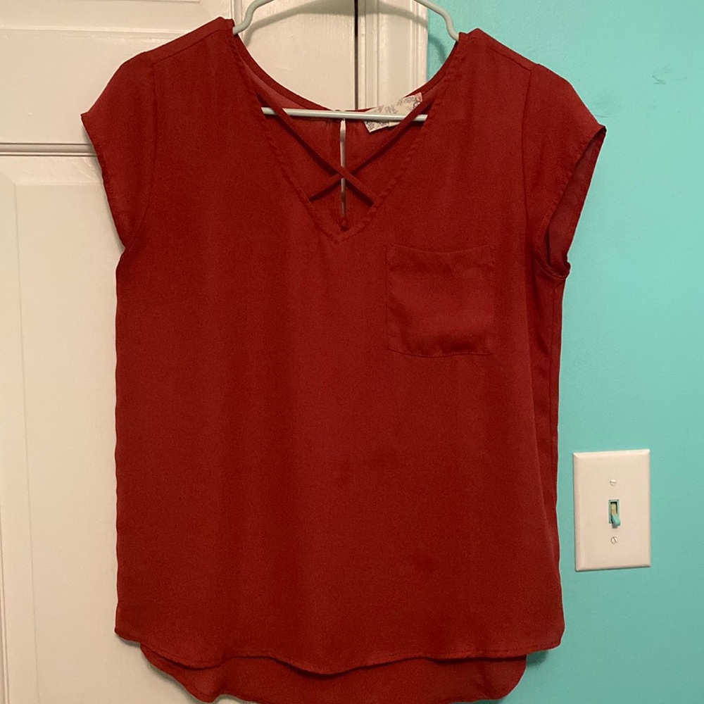 Cross v neck red blouse